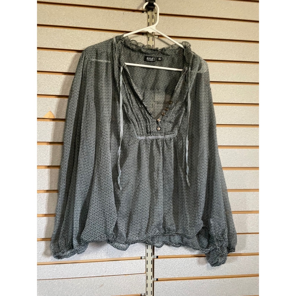 a.n.a Woman 2X Blouse Top Gray Sheer Long Sleeve Button Up Ruffle Neck